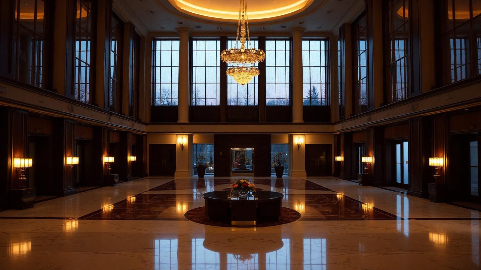 An empty grand hotel lobby in warm evening light